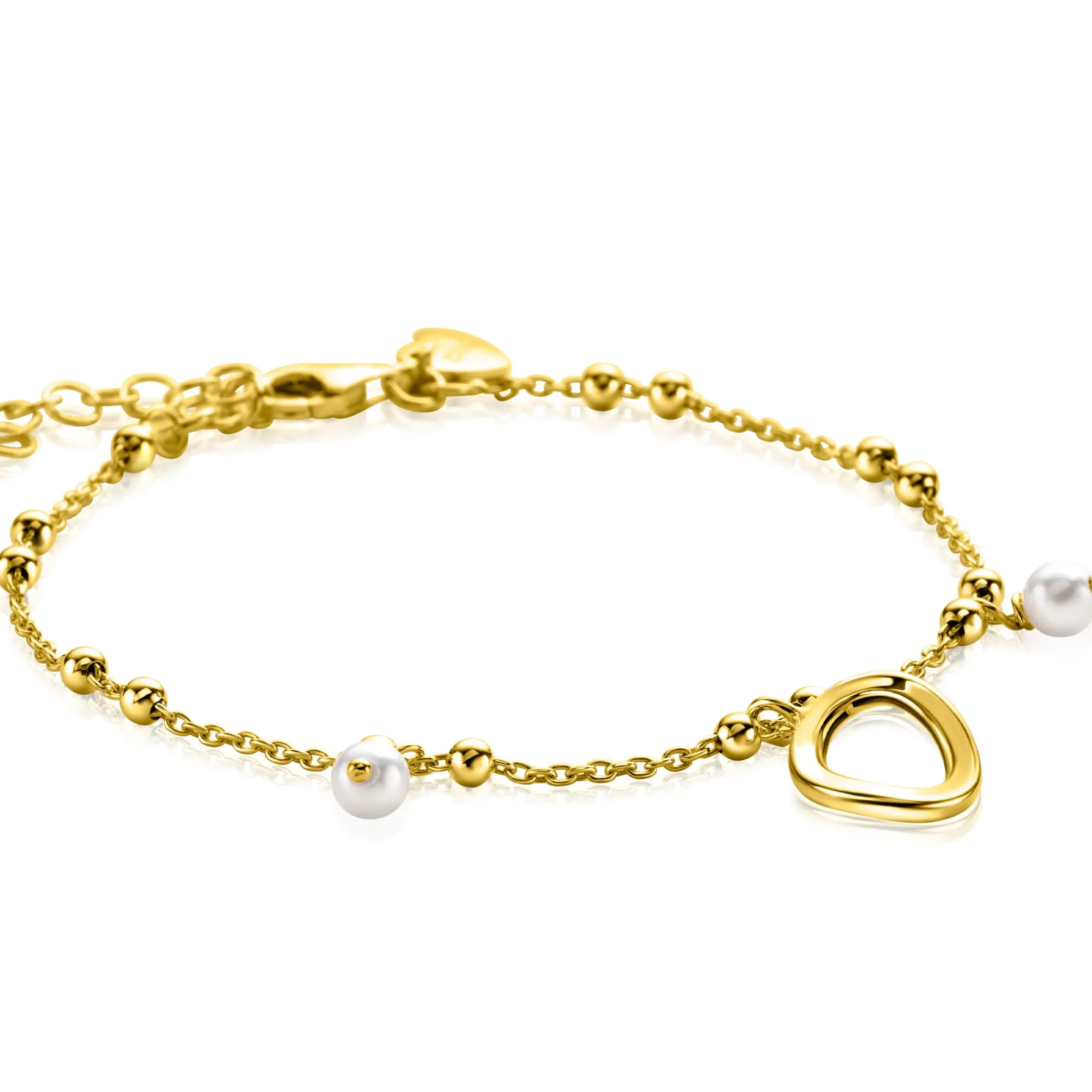 Discount Zinzi gold plated zilveren fantasie armband met 15 kleine bolletjes, twee bungelende witte pareltjes en met speelse organische open vorm in het midden 17-20cm ZIA2405