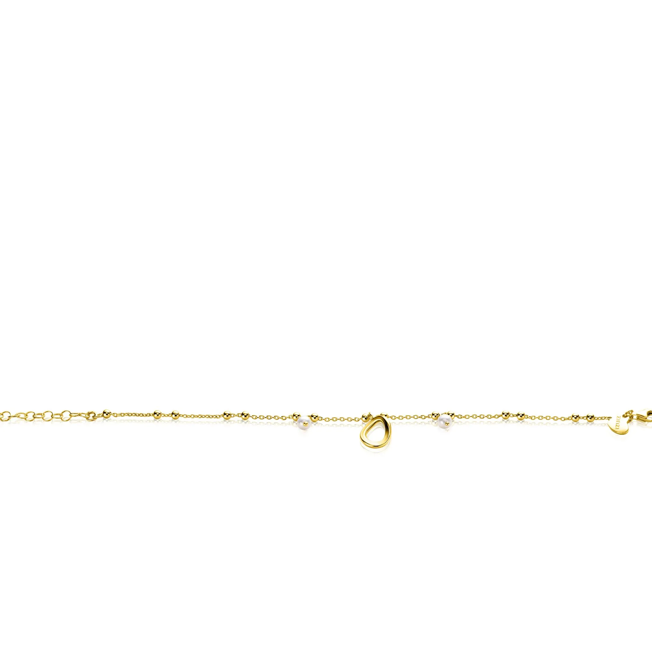 Discount Zinzi gold plated zilveren fantasie armband met 15 kleine bolletjes, twee bungelende witte pareltjes en met speelse organische open vorm in het midden 17-20cm ZIA2405