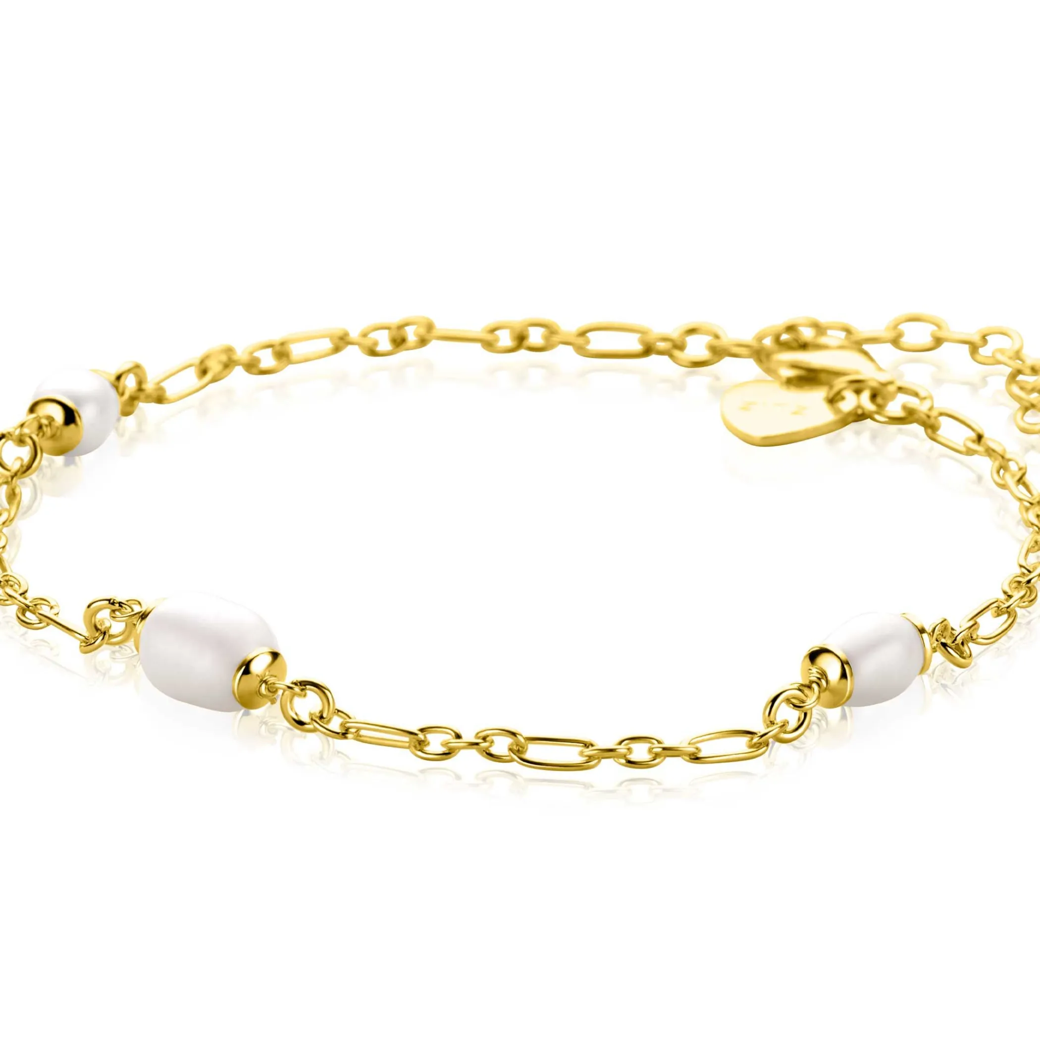 Online Zinzi gold plated zilveren schakelarmband met drie ovale witte zoetwaterparels 17-20cm ZIA2588
