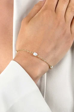 Online Zinzi gold plated zilveren schakelarmband met drie ovale witte zoetwaterparels 17-20cm ZIA2588