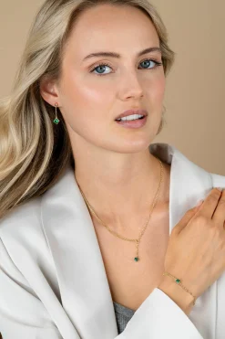 Hot Zinzi gold plated zilveren multi-look armband met ovale en jasseron schakels, met ronde groene kleursteen in vierpootszetting 17-19cm ZIA2660G