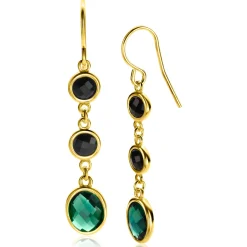 New Zinzi gold plated zilveren lange oorhangers 50mm, bezet met twee ronde zwarte zirconia's en een grotere ovale groene kleursteen ZIO2389