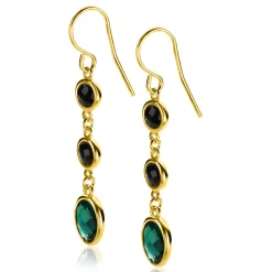 New Zinzi gold plated zilveren lange oorhangers 50mm, bezet met twee ronde zwarte zirconia's en een grotere ovale groene kleursteen ZIO2389