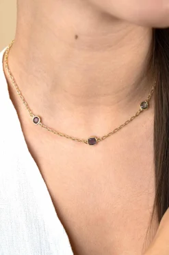 New Zinzi gold plated zilveren schakelketting met ronde en vierkante zettingen pastel en paars 42-45cm ZIC2525G