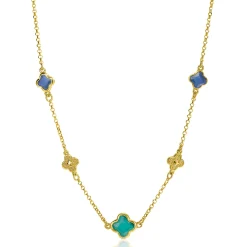 Outlet Zinzi gold plated zilveren schakel ketting met twee donkerblauwe klavers en een grotere groene klaver 40-45cm ZIC2583
