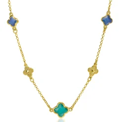 Outlet Zinzi gold plated zilveren schakel ketting met twee donkerblauwe klavers en een grotere groene klaver 40-45cm ZIC2583