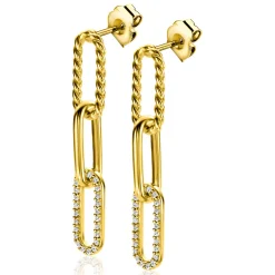 Discount Zinzi gold plated zilveren lange oorsieraden 30mm met drie paperclip schakels, glad bewerkt witte zirconia's ZIO2330Y