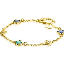 Discount Zinzi gold plated zilveren schakel armband met twee donkerblauwe klavers en een groene klaver 16-19cm ZIA2583