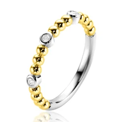 Clearance Zinzi gold plated zilveren aanschuifring met bolletjes scheen en drie ronde zettingen bezet met witte zirconia ZIR2569