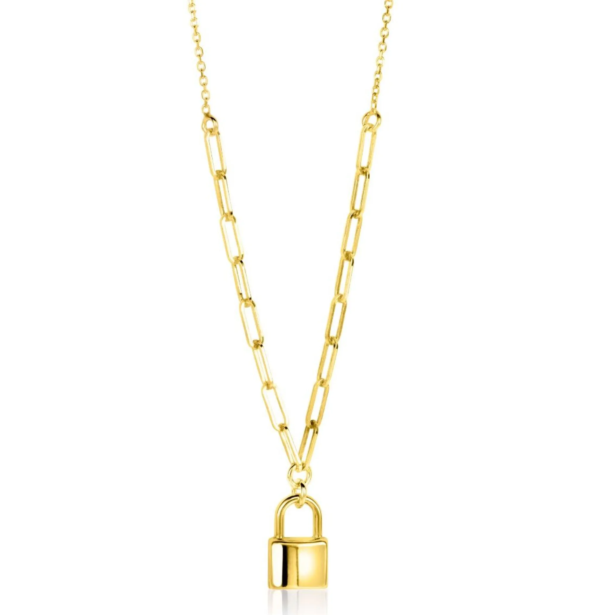 Online Zinzi gold plated zilveren paperclip schakelketting 45cm met trendy slotje als bedel 40-45cm ZIC2355G