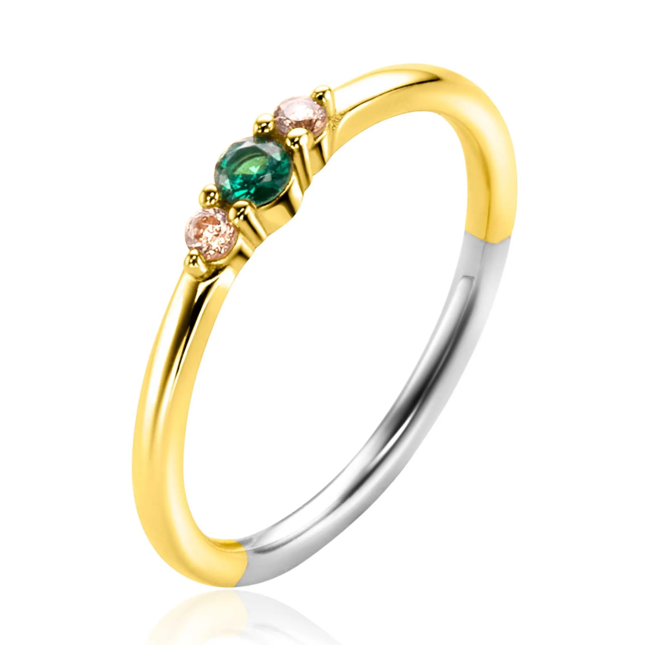 Outlet Zinzi gold plated zilveren ring met ronde chatonzettingen diepgroen en champagne kleurstenen 3mm breed ZIR2562
