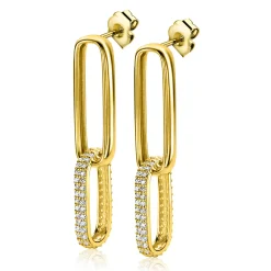 Outlet Zinzi gold plated zilveren lange oorsieraden 38mm met twee ovale schakels, bezet met witte zirconia's ZIO2371Y