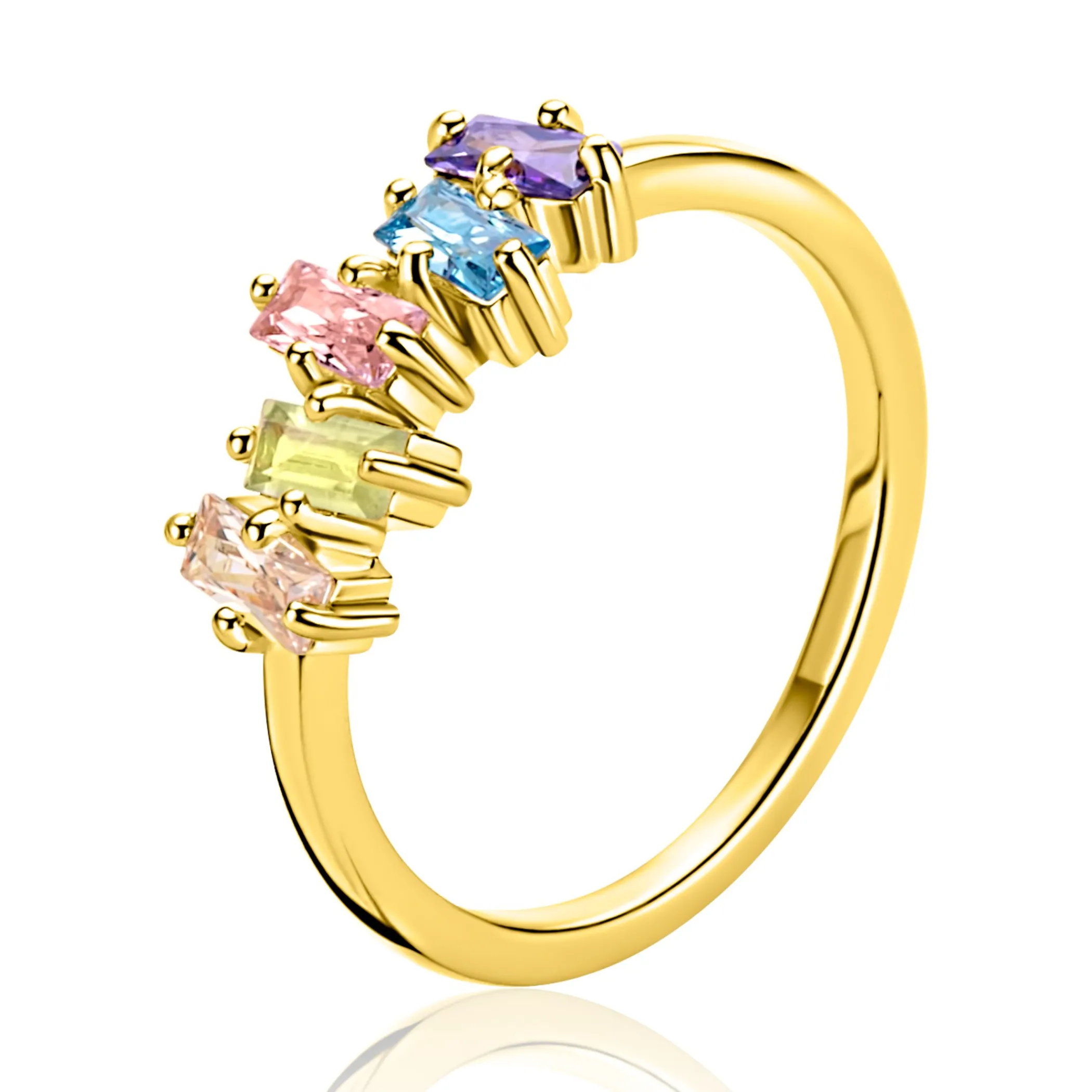 Clearance Zinzi gold plated zilveren ring (6mm breed) rechthoekige zettingen, bezet met multicolor kleurstenen ZIR2739