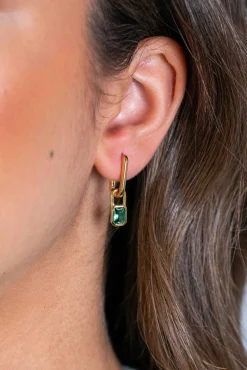 Best Zinzi gold plated zilveren oorbedels rechthoek met groene kleurstenen 13mm ZICH2307 (zonder oorringen)