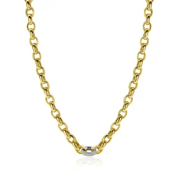Best Zinzi gold plated zilveren schakel ketting met een ronde schakel bezet met witte zirkonia's 6mm breed 45cm ZIC2664