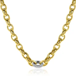 Best Zinzi gold plated zilveren schakel ketting met een ronde schakel bezet met witte zirkonia's 6mm breed 45cm ZIC2664