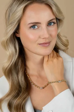 Best Zinzi gold plated zilveren schakel ketting met een ronde schakel bezet met witte zirkonia's 6mm breed 45cm ZIC2664