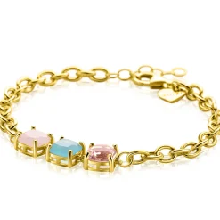 New Zinzi gold plated zilveren schakel armband met drie vierkante zettingen bezet met roze en turquoise kleurstenen 17-20cm ZIA2454