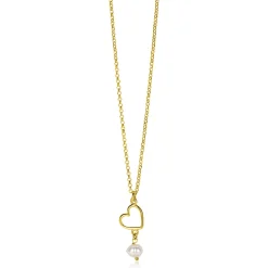 Outlet Zinzi gold plated zilveren ketting met open hartje en bungelend witte zoetwaterparel 40-45cm ZIC2642