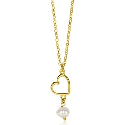 Outlet Zinzi gold plated zilveren ketting met open hartje en bungelend witte zoetwaterparel 40-45cm ZIC2642