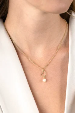 Outlet Zinzi gold plated zilveren ketting met open hartje en bungelend witte zoetwaterparel 40-45cm ZIC2642