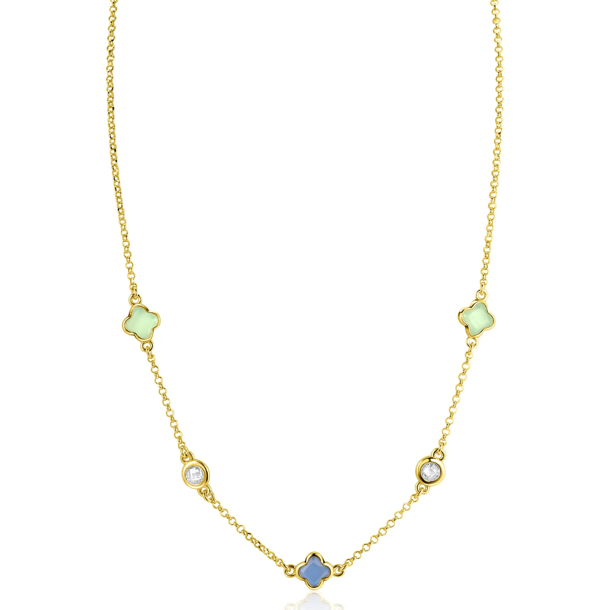 Clearance Zinzi gold plated zilveren schakelketting met twee mintgroene klavers en een blauwe klaver 40-45cm ZIC2763