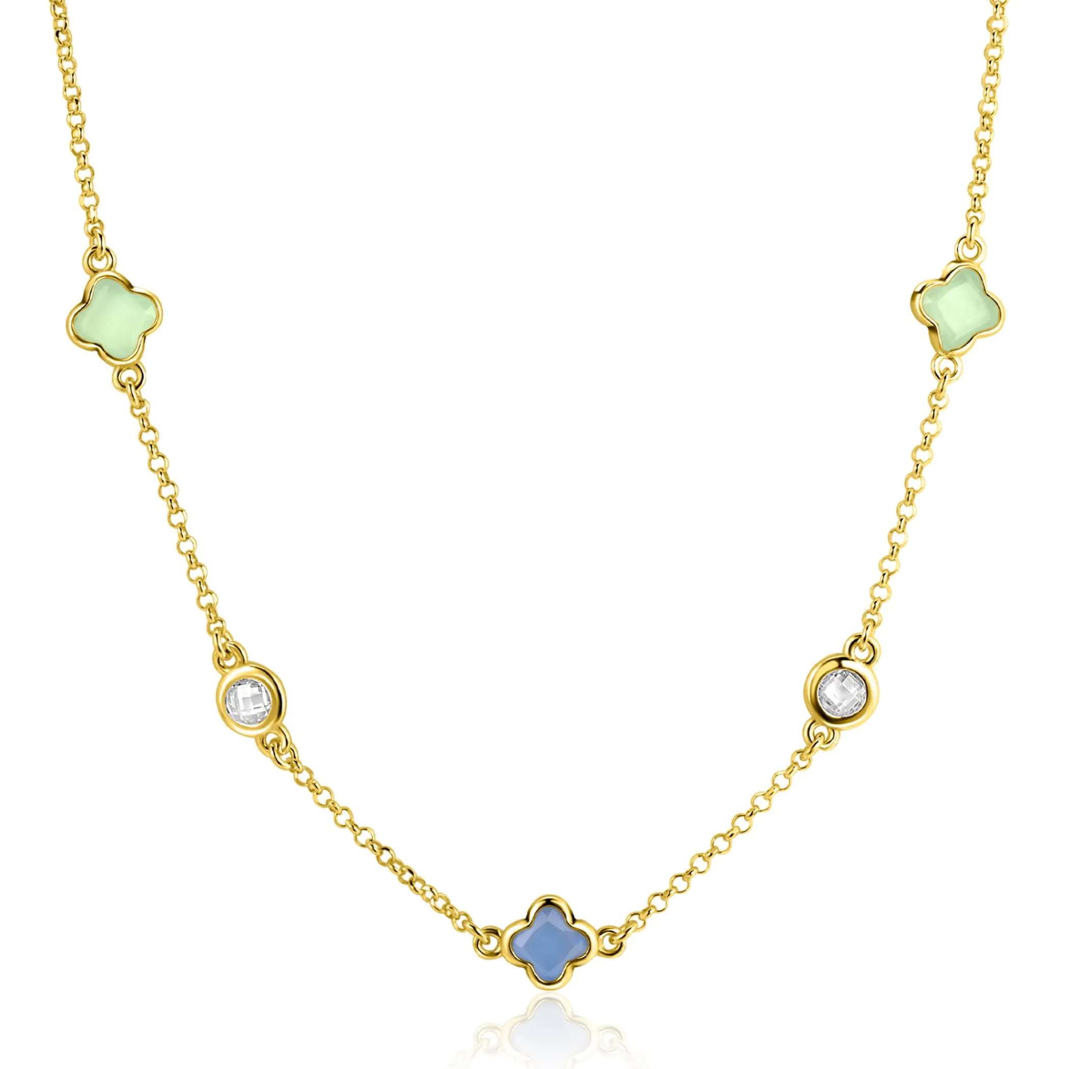 Clearance Zinzi gold plated zilveren schakelketting met twee mintgroene klavers en een blauwe klaver 40-45cm ZIC2763