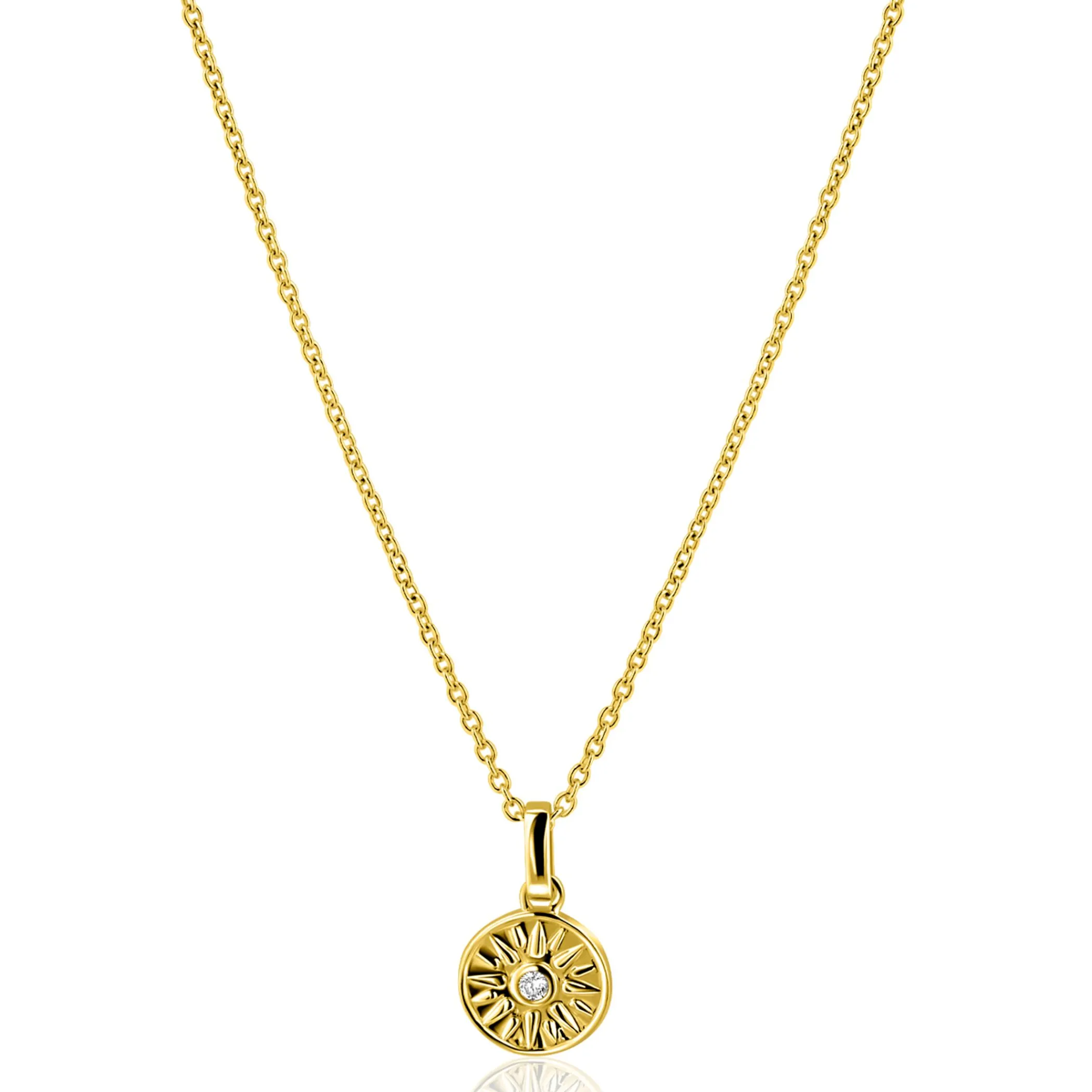 Online Zinzi gold plated zilveren ketting 42-45cm met zon hanger, bezet met witte zirkonia ZIC2741