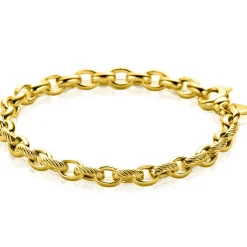 Outlet Zinzi gold plated zilveren brede schakelarmband (6mm breed) met luxe jasseron schakels in glad en bewerkt 20cm ZIA2638
