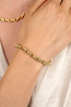 Outlet Zinzi gold plated zilveren brede schakelarmband (6mm breed) met luxe jasseron schakels in glad en bewerkt 20cm ZIA2638