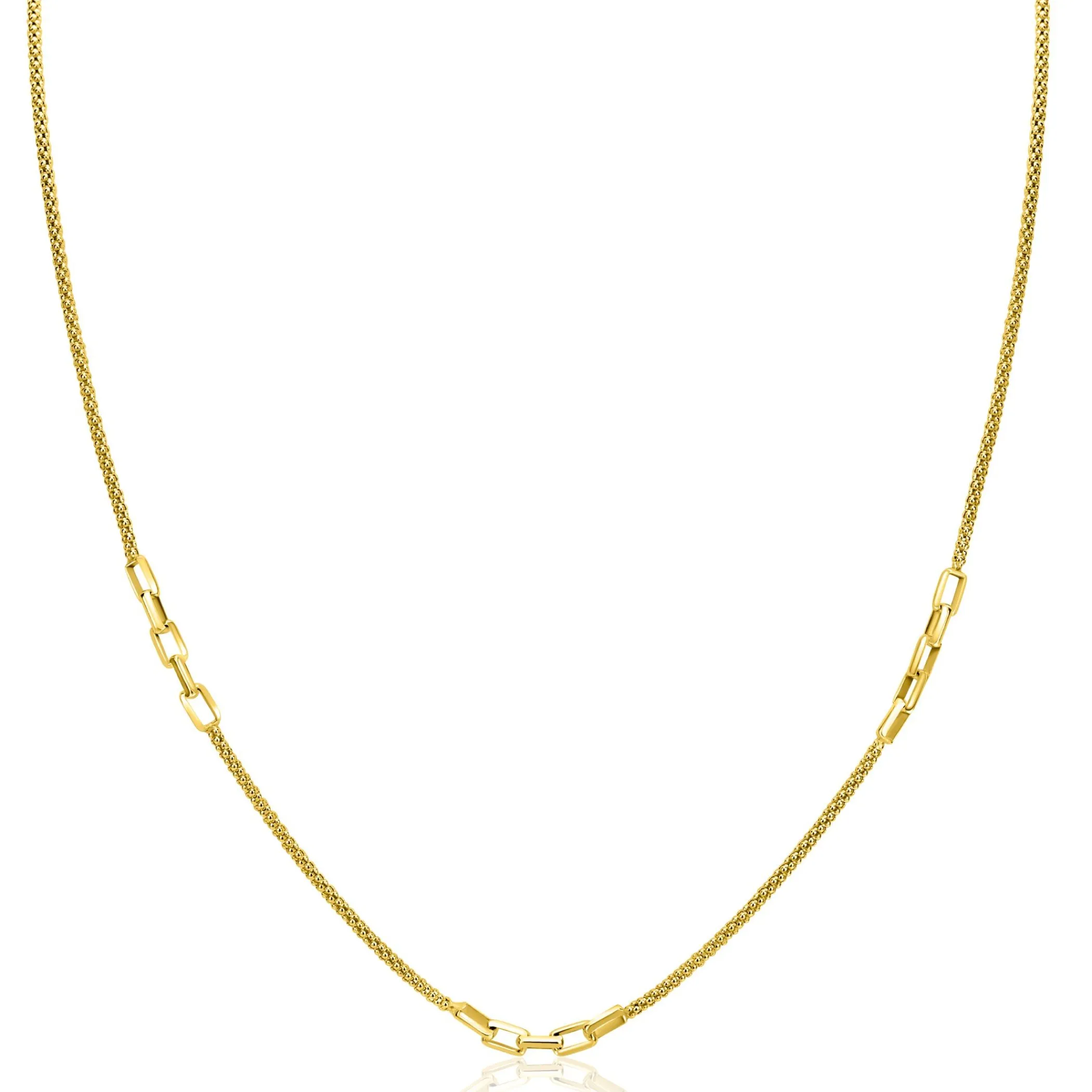 Clearance Zinzi gold plated zilveren popcorn schakelketting 45-48cm met drie paperclip schakelaccenten ZIC2709G