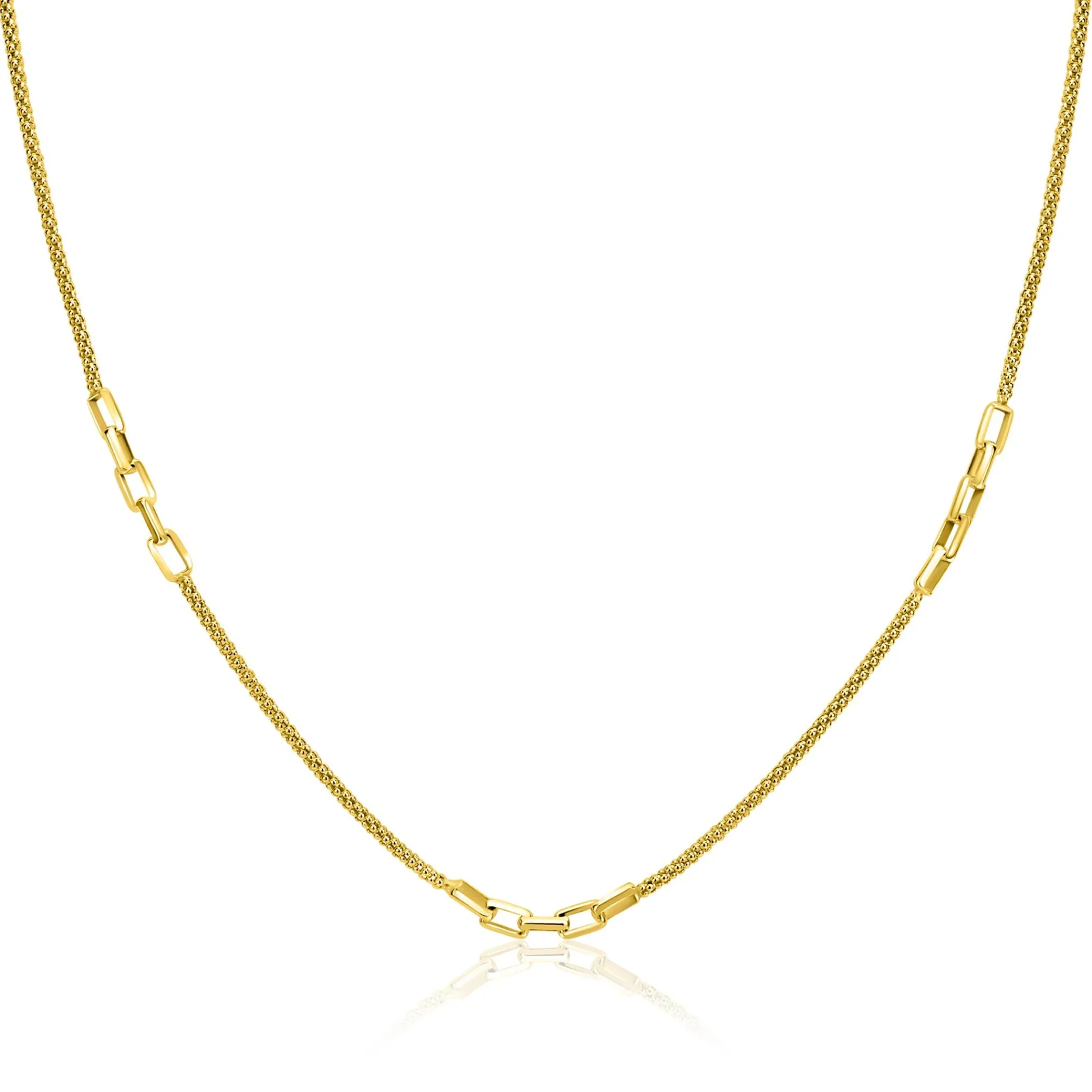 Clearance Zinzi gold plated zilveren popcorn schakelketting 45-48cm met drie paperclip schakelaccenten ZIC2709G