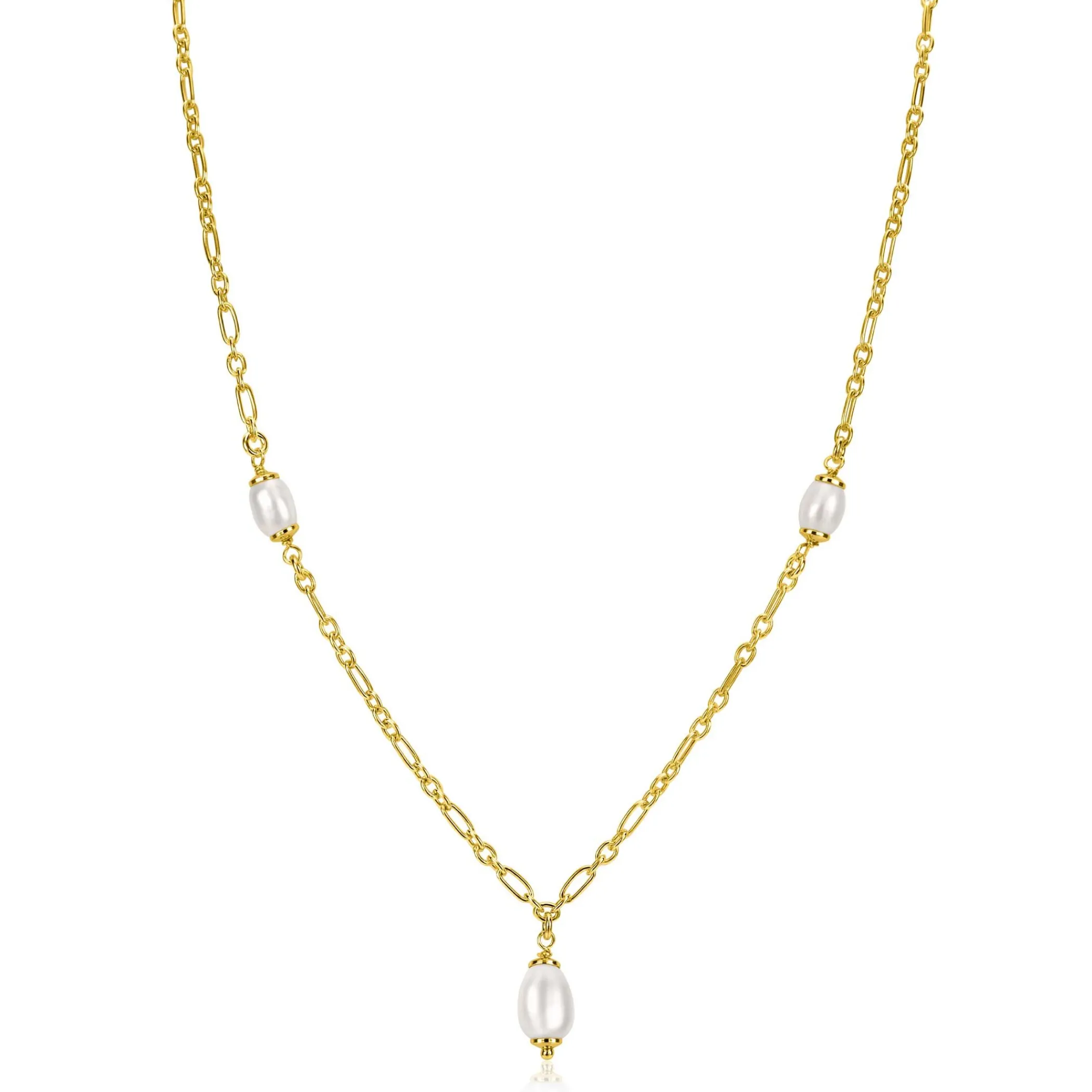 Outlet Zinzi gold plated zilveren schakelketting met drie ovale witte zoetwaterparels 40-45cm ZIC2588