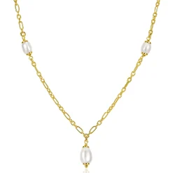Outlet Zinzi gold plated zilveren schakelketting met drie ovale witte zoetwaterparels 40-45cm ZIC2588
