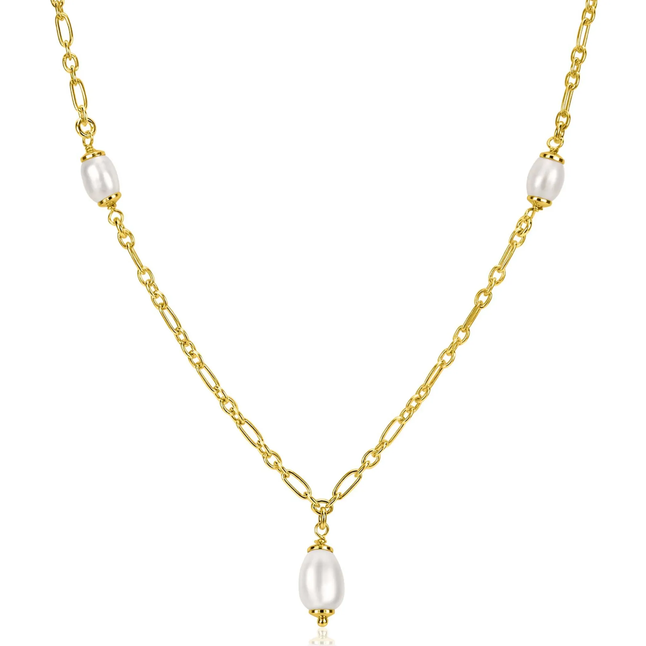 Outlet Zinzi gold plated zilveren schakelketting met drie ovale witte zoetwaterparels 40-45cm ZIC2588
