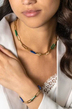 Online Zinzi gold plated zilveren ketting 45cm met paperclip-schakels en trendy schakels in lapisblauw en malachietgroen ZIC2455