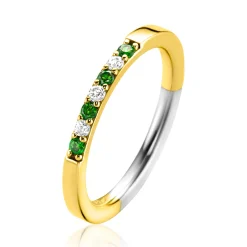 Clearance Zinzi gold plated zilveren aanschuifring 2mm breed in chatonzettingen bezet met diepgroene kleurstenen en witte zirconia's ZIR2557