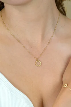 New Zinzi gold plated zilveren ketting met kleine bolletjes en ronde hanger (12mm) met bolstructuur 42-45cm ZIC2704G