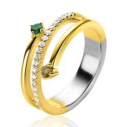 Outlet Zinzi gold plated zilveren multi-look ring (9mm breed) met 3 rijen, bezet met groene kleurstenen en witte zirconia's ZIR2646G