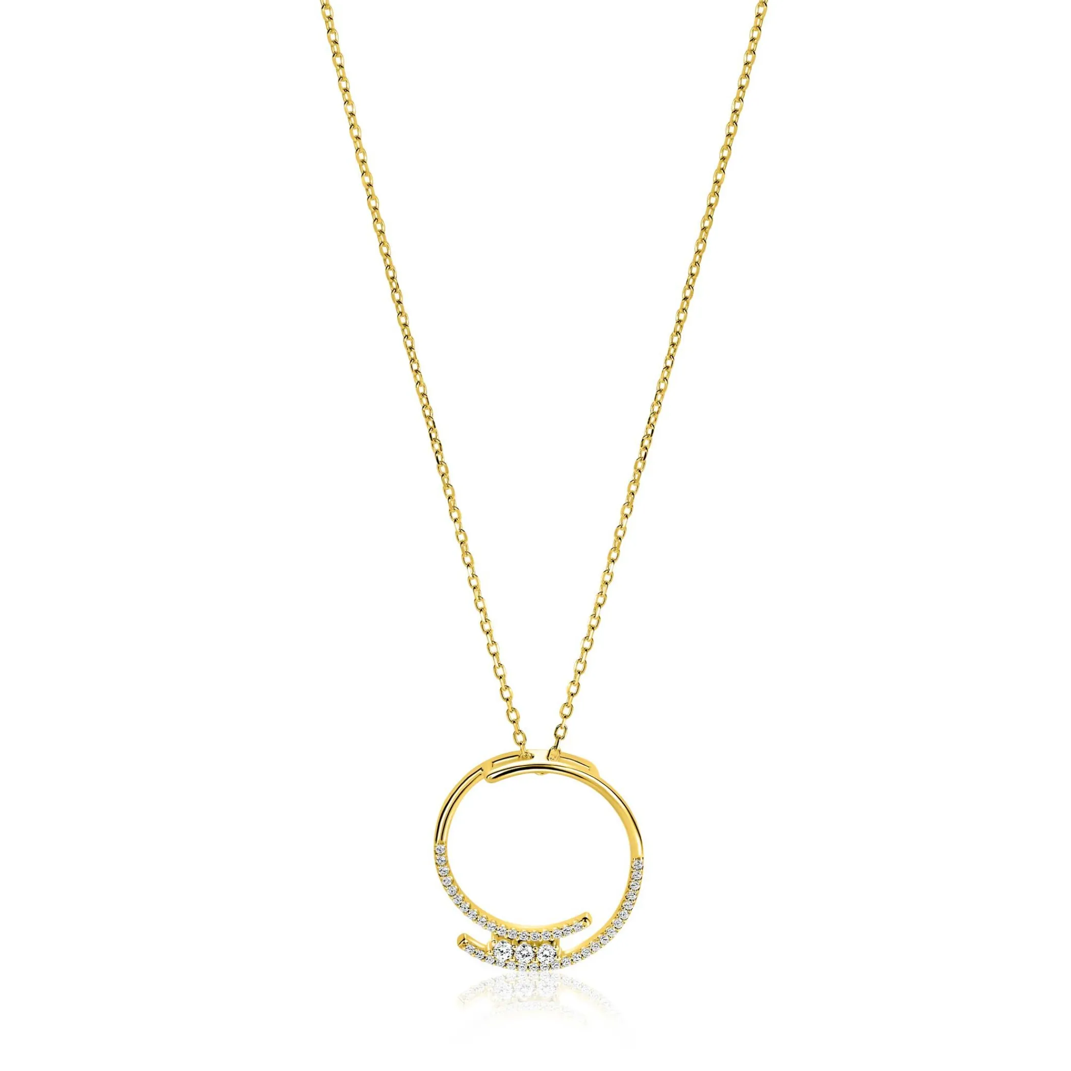 Discount Zinzi gold plated zilveren ketting met grote open ronde hanger 25mm bezet met witte zirkonia's 45-50 cm ZIC2645Y