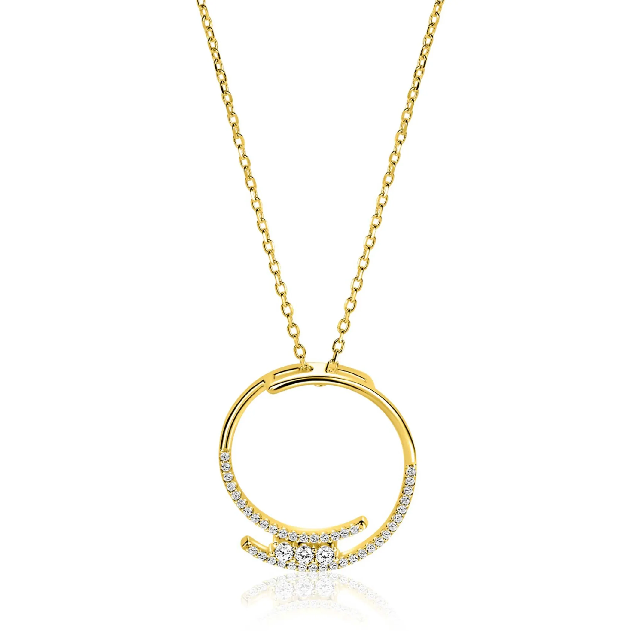 Discount Zinzi gold plated zilveren ketting met grote open ronde hanger 25mm bezet met witte zirkonia's 45-50 cm ZIC2645Y