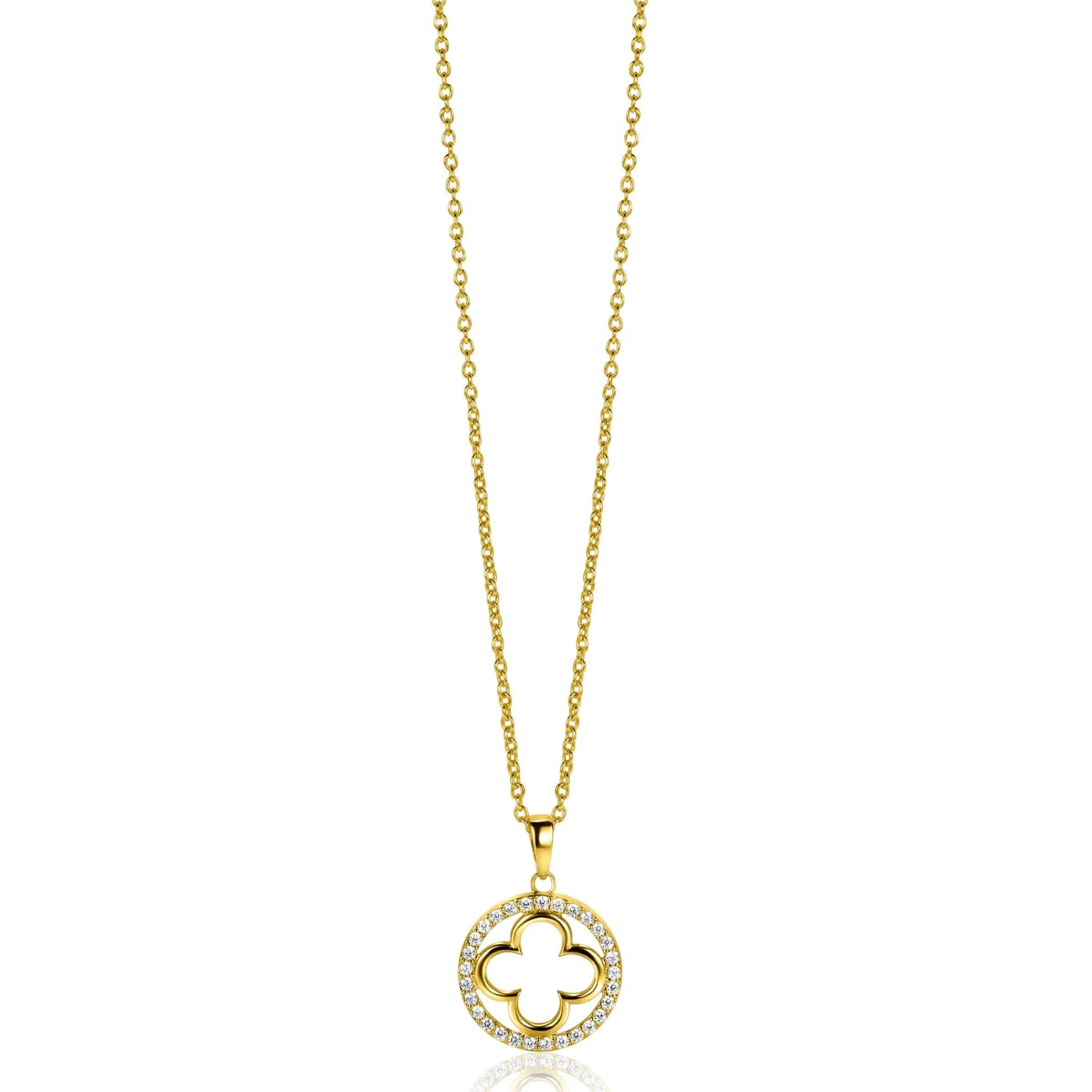 Discount Zinzi gold plated zilveren anker ketting met luxe klaver hanger (15mm) rondom bezet met witte zirconia's 45-48cm ZIC2617Y