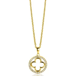 Discount Zinzi gold plated zilveren anker ketting met luxe klaver hanger (15mm) rondom bezet met witte zirconia's 45-48cm ZIC2617Y