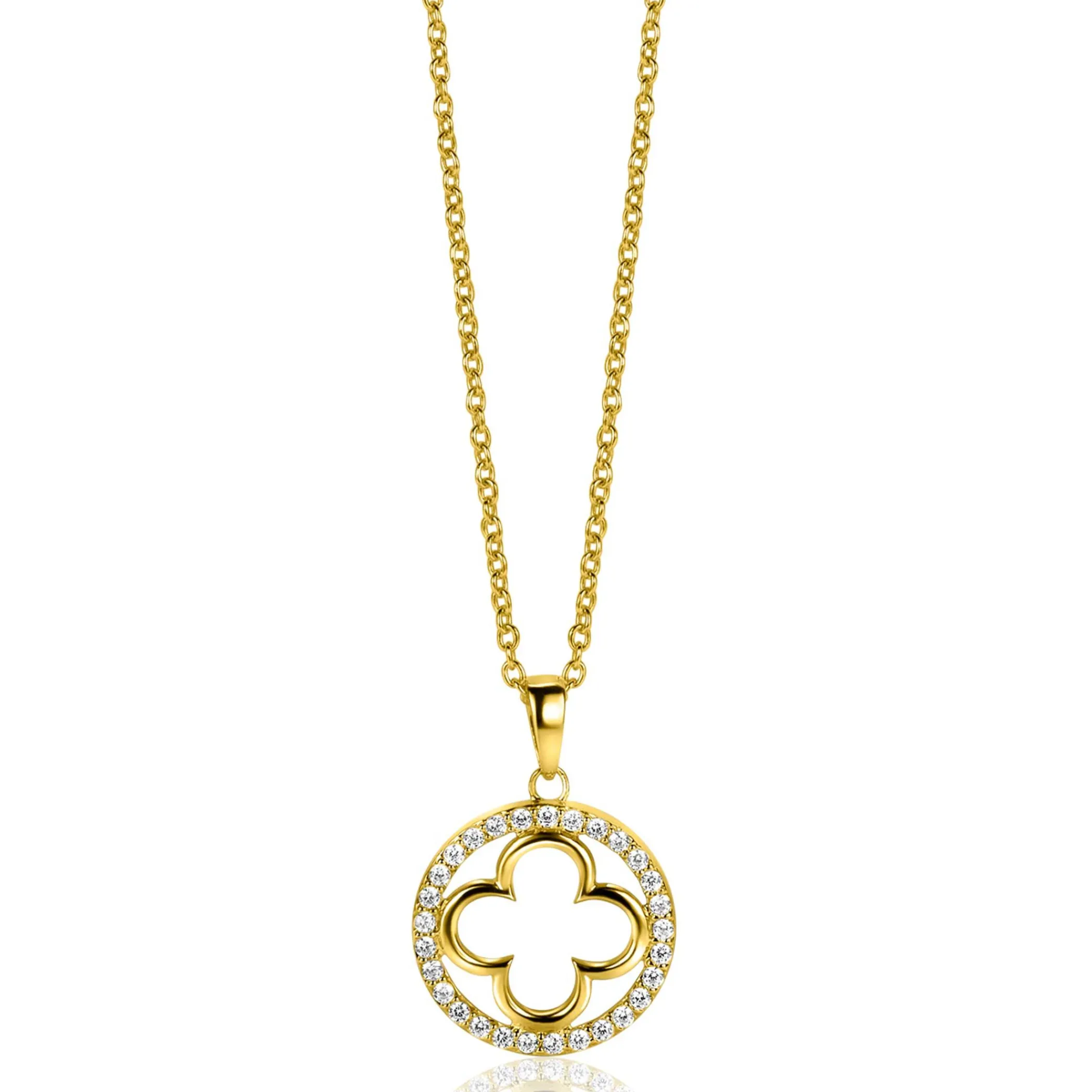Discount Zinzi gold plated zilveren anker ketting met luxe klaver hanger (15mm) rondom bezet met witte zirconia's 45-48cm ZIC2617Y