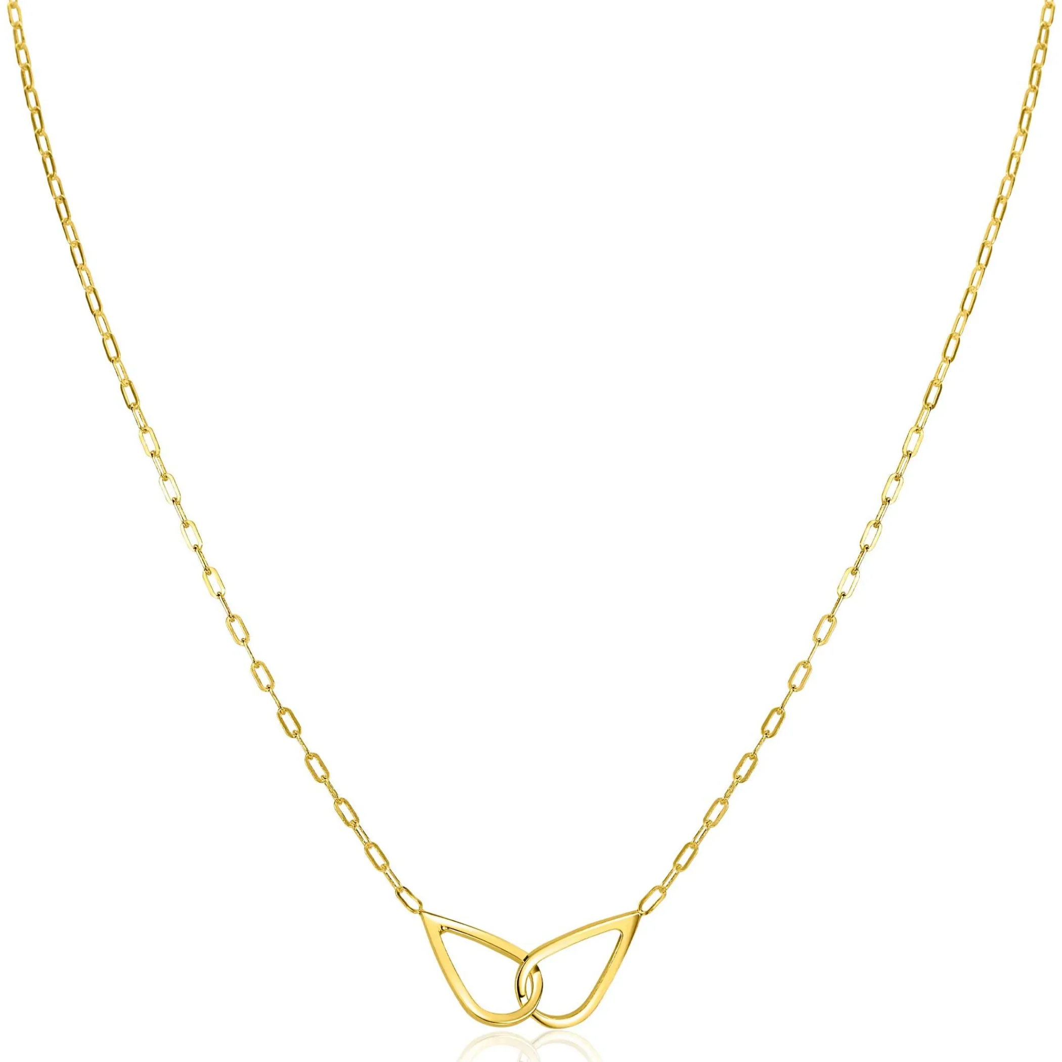 Zinzi gold plated zilveren ketting met paperclip-schakels, waarbij in het midden twee druppelvormen mooi met elkaar verbonden zijn 42-45cm ZIC2634