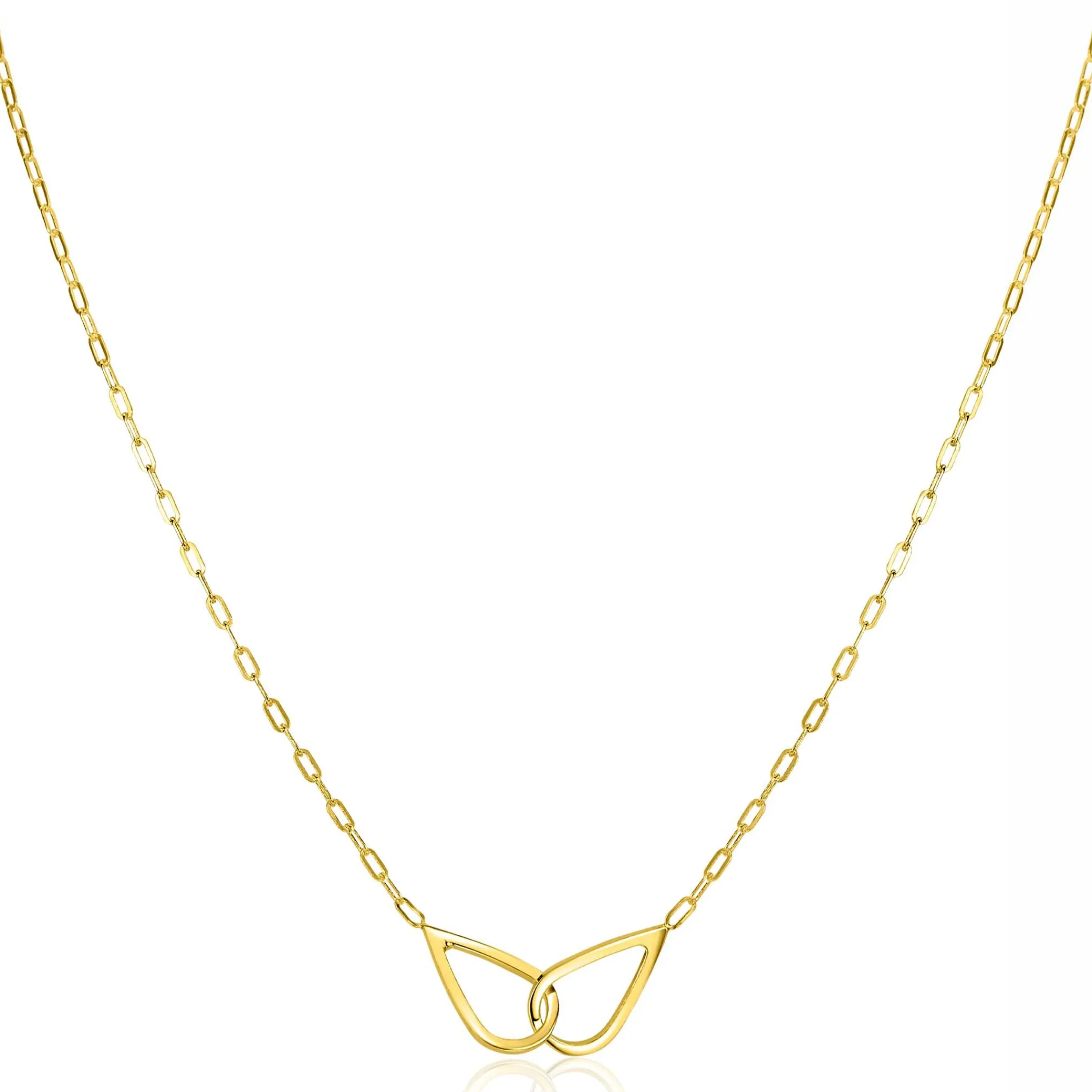 Zinzi gold plated zilveren ketting met paperclip-schakels, waarbij in het midden twee druppelvormen mooi met elkaar verbonden zijn 42-45cm ZIC2634