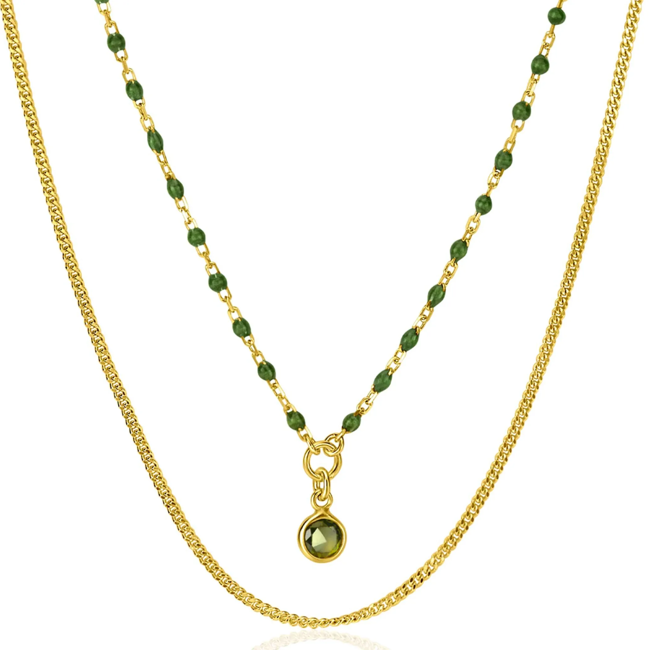 Outlet Zinzi gold plated zilveren multilook ketting met gourmet en groene bolletjes schakels, ronde zetting met olijfgroene kleursteen 42-45cm ZIC2528G
