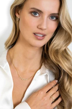 Clearance Zinzi gold plated zilveren ketting 45cm met drie ovale schakels, bezet met witte zirconia's ZIC2398Y