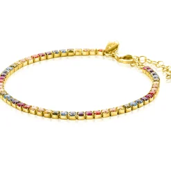 Best Zinzi gold plated zilveren tennis armband 3mm breed en bezet met regenboog kleurstenen in vierkante kastzettingen 17-20cm ZIA2666