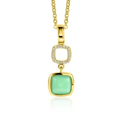 New Zinzi gold plated zilveren tweezijdige hanger 30mm vierkant met witte onyx en mintgroene kleursteen ZIH2308 (zonder collier)